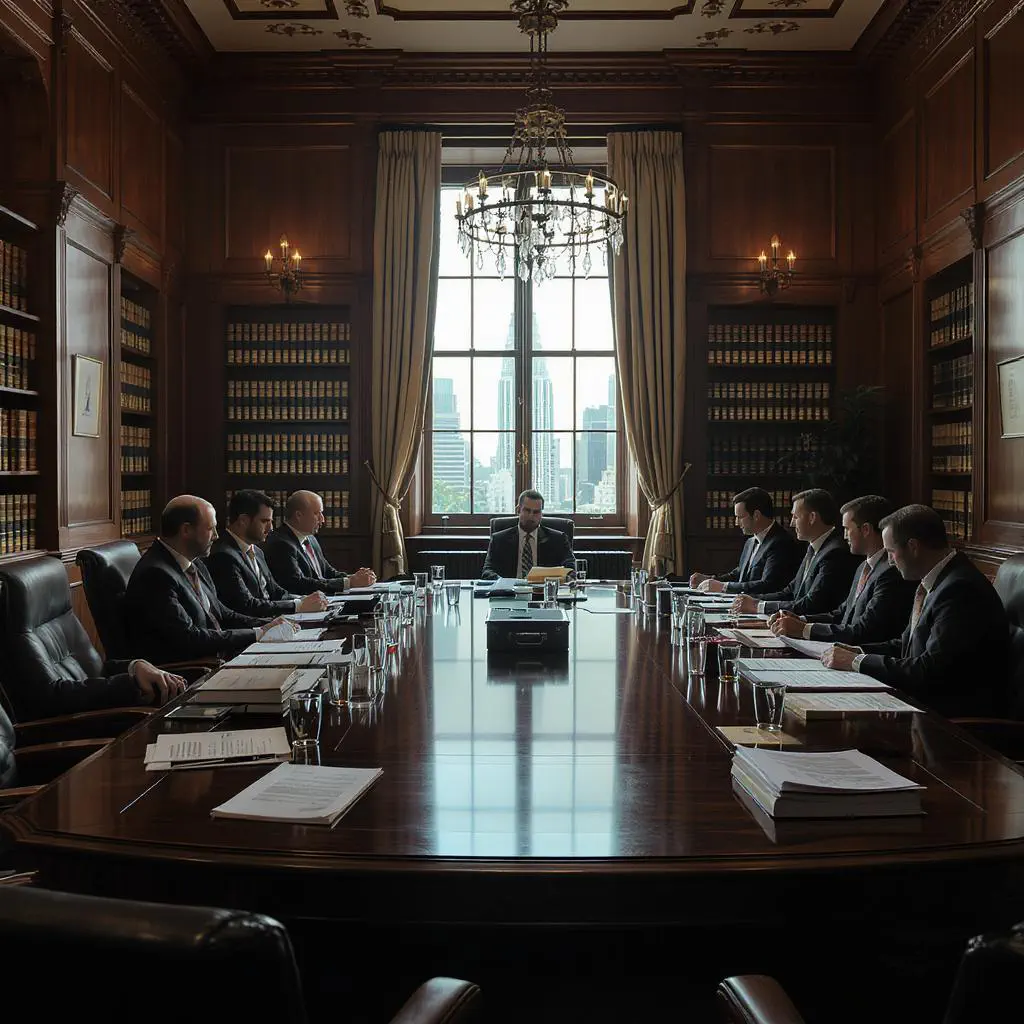 CEO confidently addressing the board, with a clear data visualization behind them.